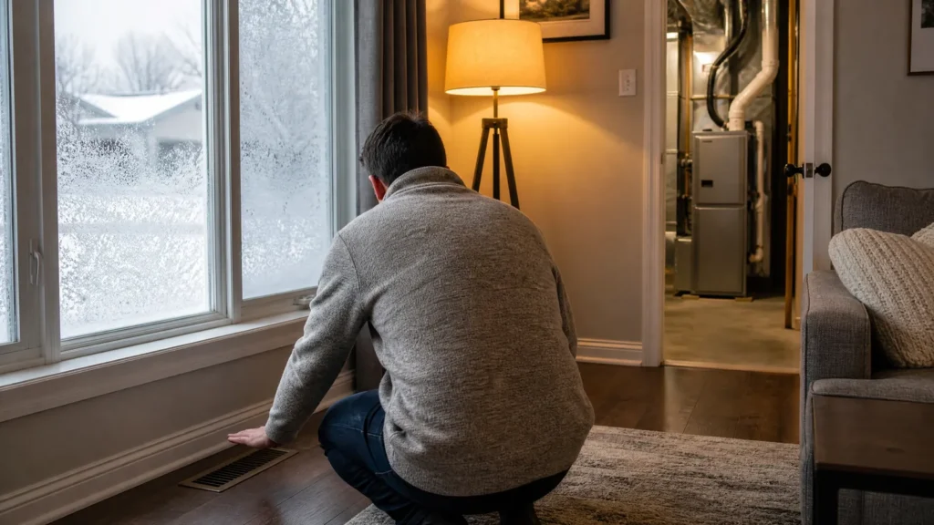Homeowner crouching by a floor vent feeling cold air from the furnace in a Mississauga home in winter