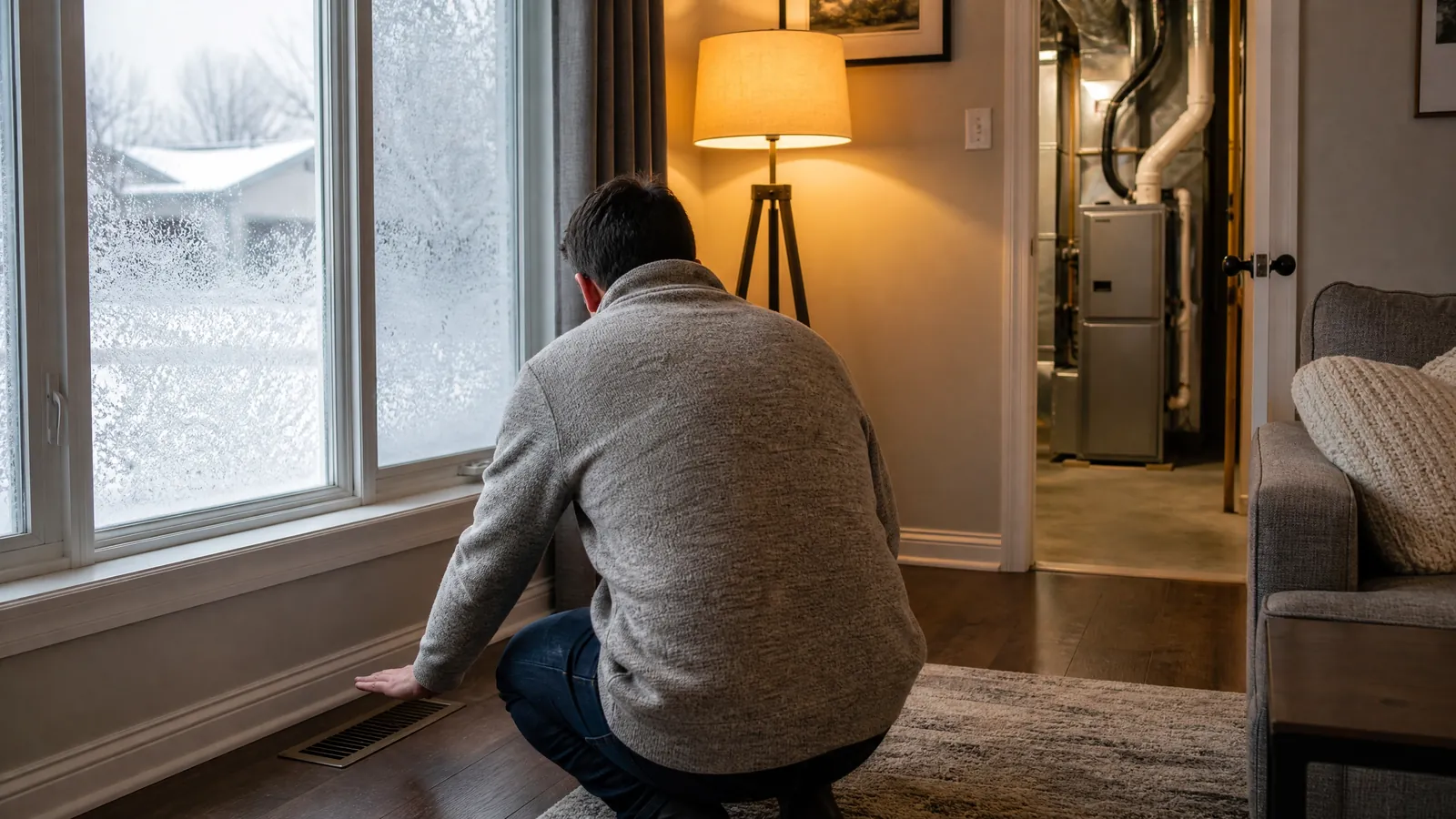 A homeowner crouching with a hand held over a floor register on a frosty morning, the furnace visible through the doorway behind, the moment a furnace warranty question usually starts