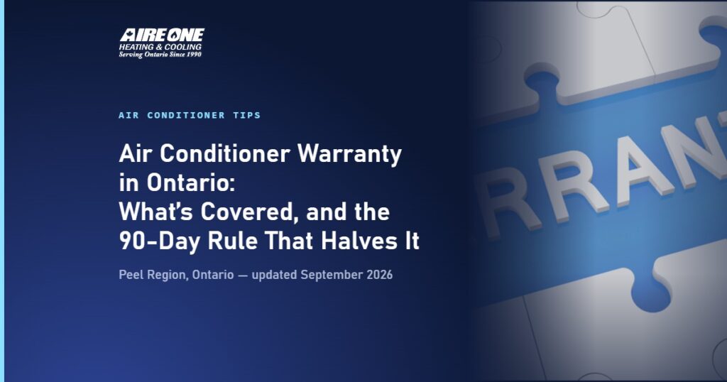 Air Conditioner Warranty in Ontario: What’s Covered, and the 90-Day Rule That Halves It — Aire One Peel Heating and Cooling, Peel Region, Ontario