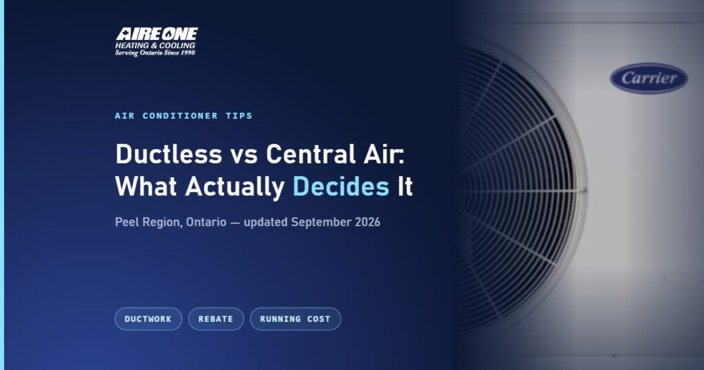 Ductless versus central air in Ontario: a Carrier ductless outdoor unit, with ductwork, rebate and running cost named as the deciding factors.