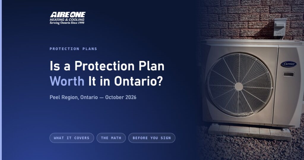 Is a protection plan worth it in Ontario: Aire One Peel guide card with a Carrier outdoor unit